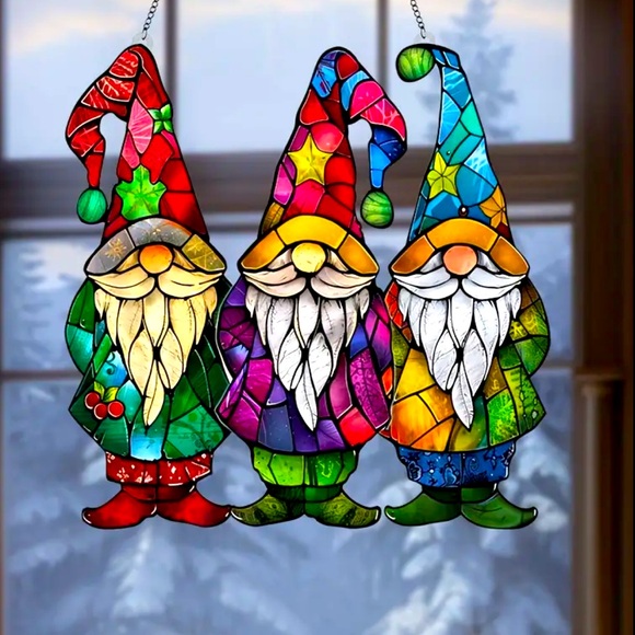 Stained Glass Gnome Window Hanger 3 Gnomes Waterproof Scratch Chemical Resistant - Picture 6 of 7